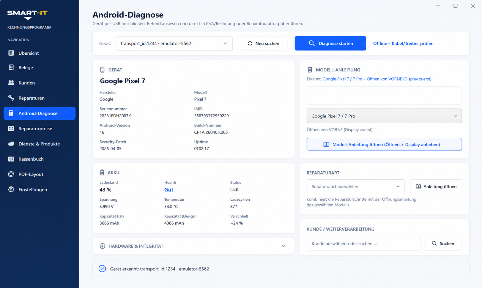 Android-Diagnose in Reparatur-Backoffice: Google Pixel 7 mit Akku-Health, Ladezyklen und Hardware-Integrität automatisch ausgelesen